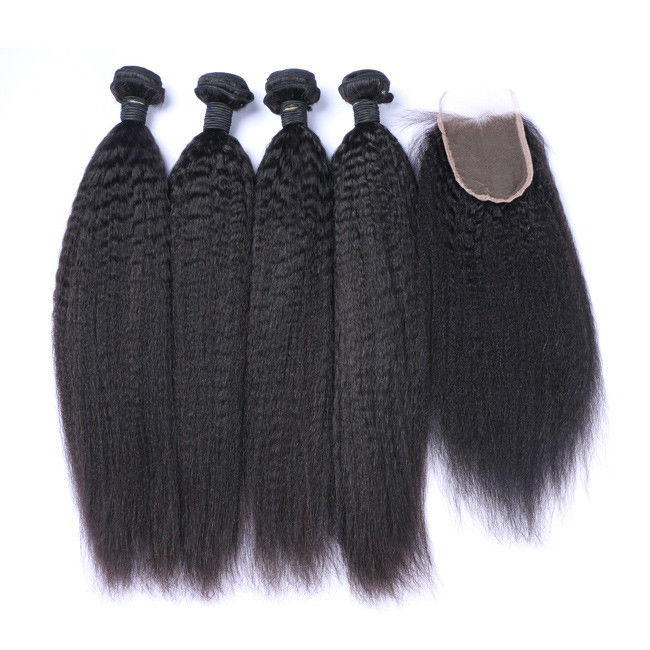 OEM Raw Kinky Yaki Straight Human Hair Bundles Weave With Frontal Closure